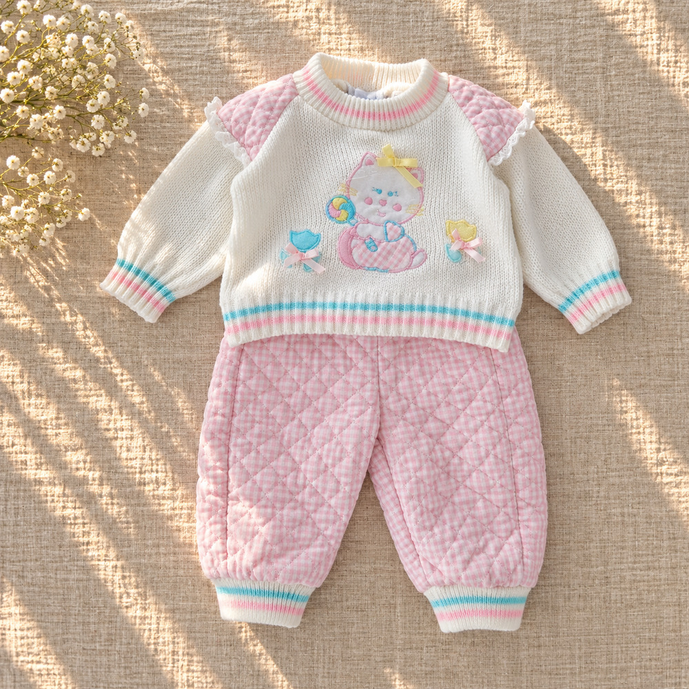Vintage 1980s Doe-Spun Baby Girl Cat Sweater & Quilted Gingham Pants Set | 3-6M